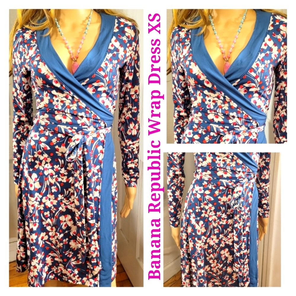 Banana Republic Blue Print  Stretch Wrap Dress